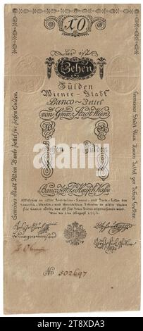 Banco note, 10 florins, Vienna City Banco, Mint Authority, 01.08.1796, carta, stampa, altezza 211 mm, larghezza 91 mm, menta, Vienna, territorio della zecca, Austria, Impero (1804-1867), Finanze, stemma (simbolo dello stato, ecc.), bancomat, denaro, la Vienna Collection Foto Stock