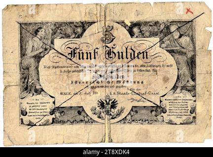 Staatsnote (Fälschung), 5 Gulden, K. K. Staats-Central-casse, autorità zecca, data successiva al 07.07.1866, carta, stampa, larghezza 132 mm, altezza 90 mm, menta, Wien, Mint Territory, Österreich, Kaiserreich (1804-1867), Finanze, contraffazione, falsificazione, stemma (simbolo dello stato, ecc.), bancomat, denaro, la Vienna Collection Foto Stock