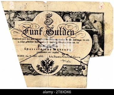 Staatsnote (Fälschung), 5 Gulden, K. K. Staats-Central-casse, autorità zecca, data successiva al 07.07.1866, carta, stampa, larghezza 114 mm, altezza 89 mm, menta, Wien, Mint Territory, Österreich, Kaiserreich (1804-1867), Finanze, contraffazione, falsificazione, stemma (simbolo dello stato, ecc.), bancomat, denaro, la Vienna Collection Foto Stock