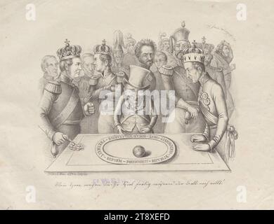 Mio Signore, fate il vostro gioco (...)”. (Versione tedesca di un cartone animato pubblicato su The London 'Punch' il 18 marzo 1848, sulla rivoluzione del 1848: Le teste coronate d'Europa al tavolo da gioco dove il mondo sta rotolando su una roulette, ha giocato il re francese Luigi Filippo. ), Ludwig Blau (1808-1899), stampante, 1848, carta, litografia a gesso, altezza 27 cm, larghezza 34, 5 cm, caricatura, satira, rivoluzioni del 1848, 1849, re; imperatore, corona (simbolo di sovranità), sovrano, sovrano, la collezione di Vienna Foto Stock