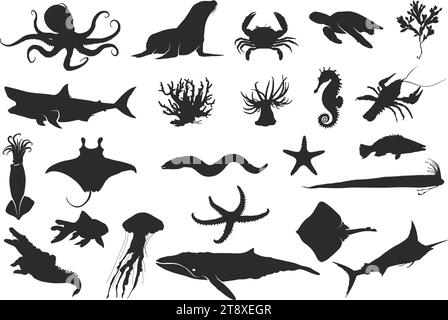 Silhouette di animali marini, silhouette di animali oceanici, sagome nere di pesci, cavallucci marini, conchiglie, polpo, calamari, meduse, delfini, stelle marine ecc. Illustrazione Vettoriale