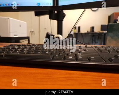 Tastiera per computer contemporanea in tonalità neutra, posizionata accanto a un monitor sottile, entrambe appoggiate su un tavolo di legno Foto Stock