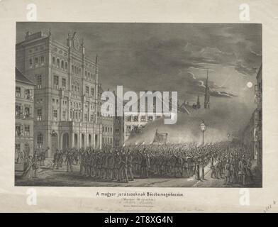 A magyar jurátusoknak Bécsbemegérkezése., (:Martius 14 éjczakán:)' (l'entrata della Guardia ungherese a Vienna il 14 marzo 1848), Johann Höfelich (1796-1849), editore, 1848, carta, litografia a gesso, altezza 29 cm, larghezza 38, 1 cm, militare, Belle Arti, rivoluzioni del 1848, 1849, il soldato; la vita del soldato, la Vienna Collection Foto Stock