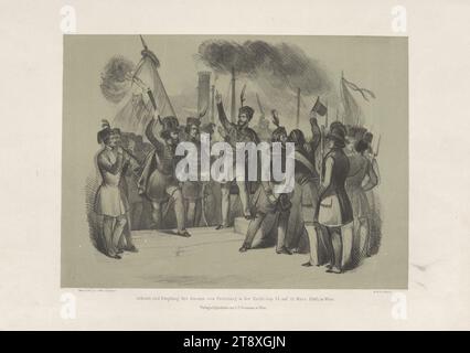 Arrivo e ricevimento dei giurati da Pressburg nella notte tra il 14 e il 15 marzo 1848, a Vienna', Franz Kollarz (Kolář) (1825-1894), litografo, Johann Rauh (1803-1863), tipografo, Leopold Theodor Neumann (1804-1876), editore, 1848, carta, litografia a gesso, altezza 31,3 cm, larghezza 44,7 cm, Belle Arti, rivoluzioni di 1848, 1849, la Vienna Collection Foto Stock