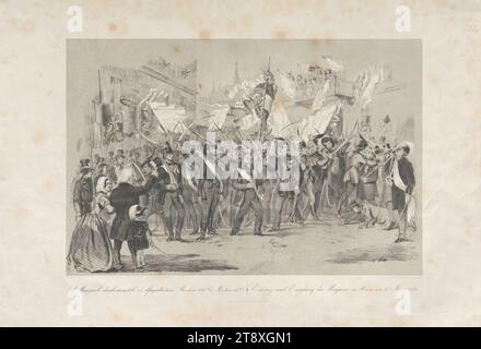 Arrivo e accoglienza degli ungheresi a Vienna il 15 marzo 1848', C. Mangold, litografo, Ferdinand Tomala, publisher, 1848, carta, gesso-stile litografo, altezza 36, 3 cm, larghezza 53, 7 cm, militare, rivoluzioni di 1848, 1849, Festival e celebrazioni pubbliche, concorso, sfilata, feste pubbliche, la collezione di Vienna Foto Stock