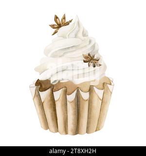 Cupcake con panna e anice stellato. Illustrazione ad acquerello isolata su sfondo bianco per il design delle vacanze natalizie invernali. Foto Stock