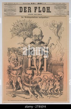 Bismarck, il Dio indo-europeo; dissolto nel piacere! (Frontespizio di "Der Floh"), Friedrich Graetz (Grätz) (1842-1912), caricaturista, C. Angerer & Göschl (1870-1983), Reproduktionsanstalt, 1877, carta, altezza 43,7 cm, larghezza 29,2 cm, caricatura, satira, politica, media e comunicazione, tenuta di Constantin von Wurzbach, uomo, ritratto, politico, settimanale, mensile, ecc., otto von Bismarck, The Vienna Collection Foto Stock