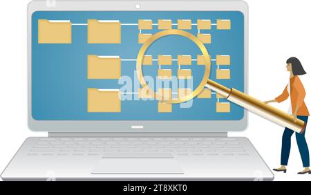 Donna con una grande lente d'ingrandimento che cerca di trovare nelle mappe. Hacking, sicurezza o supporto. Isolato. Illustrazione vettoriale. Illustrazione Vettoriale
