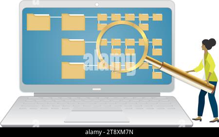Donna con una grande lente d'ingrandimento che cerca di trovare nelle mappe. Hacking, sicurezza o supporto. Isolato. Illustrazione vettoriale. Illustrazione Vettoriale