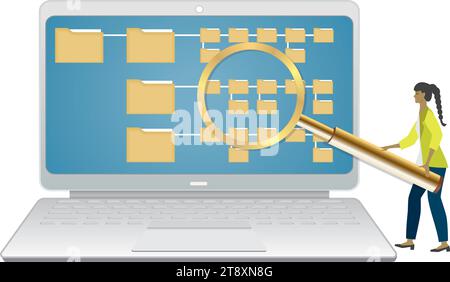 Donna con una grande lente d'ingrandimento che cerca di trovare nelle mappe. Hacking, sicurezza o supporto. Isolato. Illustrazione vettoriale. Illustrazione Vettoriale