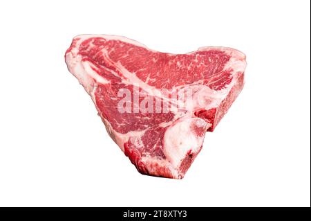 Bistecca alla fiorentina cruda o bistecca con osso T, carne di manzo marmorizzata in un vassoio da cucina in acciaio Isolata, sfondo bianco Foto Stock