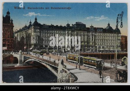 Canale del Danubio - Marienbrücke, vista verso Rotenturmstraße, cartolina fotografica, sconosciuto, 1919, cartone patinato, stampa autocromata, iscrizione, DA, Vienna, A, Graz, INDIRIZZO, caro, Fräulein, Buchhalterin, Graz, Stubenberggasse 6, MESSAGGIO, per mostrarvi quanto sia bella la nostra cara città di Vienna, vi mando questo biglietto. Sono il vostro sincero amico e [firma], 22., X.19., Danubio, trasporti pubblici, media e comunicazione, Donaukanal, traffico e trasporti, cartoline con traslitterazione, strada, la solita casa o fila di case, appartamento, casa condominiale, casa combinata con negozio Foto Stock