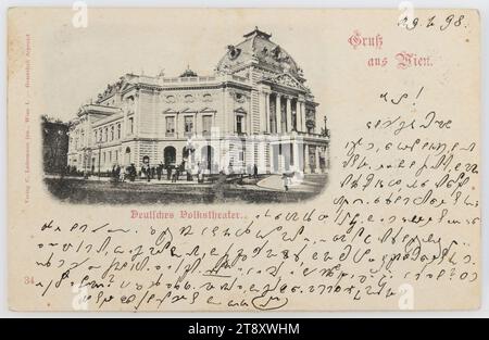 7th, Burggasse 2 - Volkstheater, cartolina fotografica, Carl (Karl) Ledermann jun., produttore, 1898, cartone, colloype, iscrizione, DA, Vienna, A, Turnau, INDIRIZZO, Herr Alois Kunzfeld Bürgerschullehrer dzt. Turnau Ober-Steiermark., MESSAGGIO, il 9 luglio 98, caro Alois, dal momento che non avete scritto alcuna obiezione, Teatro, Media e comunicazione, cartoline con traslitterazione, 7° distretto: Neubau, teatro (edificio), con persone, Volkstheater, calligrafia, testo scritto, Burggasse, la Vienna Collection Foto Stock