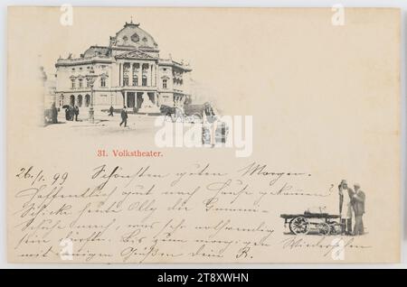 7th, Burggasse 2 - Volkstheater, cartolina fotografica, Unknown, 1899, cartone, collotipo, iscrizione, DA, Vienna, A, Vienna, INDIRIZZO, Hochwohlgeboren Herrn k. u k., Oberst, a Wien, io Parkring 8, MESSAGGIO, 26, 1. 99 Schönsten guten Morgen., speriamo che sia tornato a casa bene? Manderò a Olly le scarpe di gomma oggi, che dovrebbero essere molto necessarie. Fino alla riunione di domani, la vostra, R., Teatro, Media e comunicazione, cartoline con traslitterazione, 7° distretto: Neubau, teatro (edificio), con persone, monumento, statua, scultura, carro (agricolo), carro merci, carrello, Volkstheater, calligrafia Foto Stock