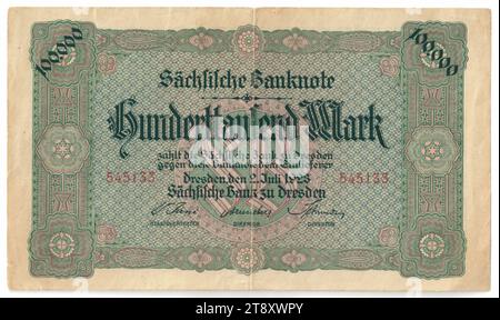 Banconota sassone, 100 000 marchi, Sächsische Bank zu Dresden, autorità zecca, 02.07.1923, carta, stampa, altezza 100 mm, larghezza 170 mm, Mint, Dresda, territorio della Mint, Repubblica di Weimar (1918-1933), Finanza, gettone commerciale, moneta privata, The Vienna Collection Foto Stock