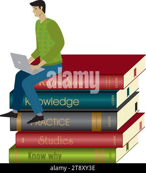 Uomo con un portatile seduto su una pila di libri. Isolato. Illustrazione vettoriale. Illustrazione Vettoriale