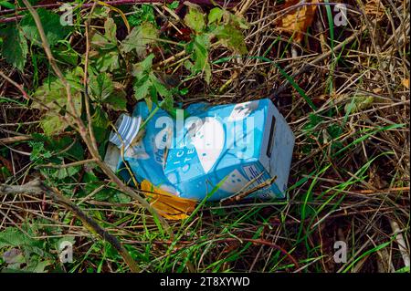 Wassmannsdorf, Germania - 1° novembre 2023: Confezione di tè ghiacciato che è stato smaltito senza pensieri come rifiuti in natura. Foto Stock