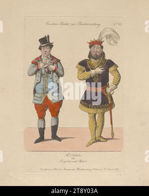 Mr. Scholz nel ruolo di Augustin e Robert (costume picture No. 37 to the Theatre Newspaper), Unknown, 1836, paper, Colorized, incisione su piastra di rame, dimensioni foglio 27, 5 x 22, 3 cm, Teatro, arti dello spettacolo, Belle Arti, attore (sul palco), Wenzel Scholz, The Vienna Collection Foto Stock