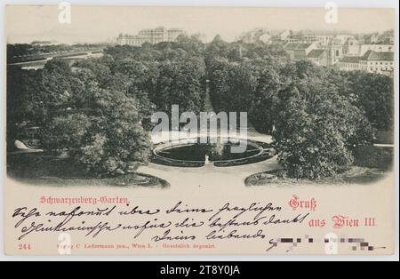 3°, Schwarzenbergplatz - Schwarzenberggarten, veduta verso Oberes Belvedere, cartolina fotografica, Carl (Karl) Ledermann jun., produttore, 1898, cartone, collotipo, iscrizione, DA, Vienna, A, Krumbach N.Ö., DISCORSO, Sig. [nome] Krumbach N. Ö. Lindenhof, MESSAGGIO, molto soddisfatto delle vostre sentite congratulazioni per le quali il vostro amore, aristocrazia, Media e comunicazione, cartoline traslitterate, 3° Distretto: Landstraße, palais, palazzo, giardino, fontana ornamentale, calligrafia, testo scritto, Schwarzenbergplatz, The Vienna Collection Foto Stock