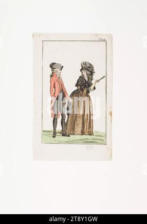 Foto della moda: "Gentiluomo e signora in un elegante negliggee parigino", sconosciuto, 1789, carta, colorata, incisione su piastra di rame, altezza 20, 3 cm, larghezza 12, 5 cm, dimensioni piastra 16, 5 x 10, 3 cm, moda, borghesia, piatti alla moda, copricapo, dandy, beau, cappotto, donna, uomo, vestito, abito, la Vienna Collection Foto Stock