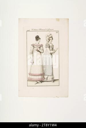 Piatto di moda: "Donna parigina con capelli perlati, signora viennese in abito raffinato", sconosciuto, 1816, carta, colorata, incisione su piastra di rame, altezza 21, 7 cm, larghezza 13, 8 cm, dimensioni piastra 15 x 8, 8 cm, moda, borghesia, Biedermeier, piatti alla moda, copricapo, donna, vestito, abito, la Vienna Collection Foto Stock