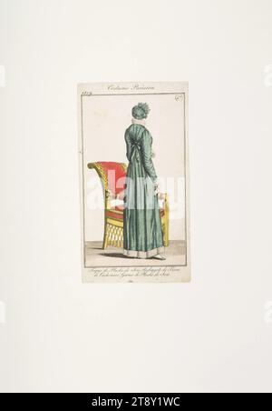 Foto della moda: "Signora parigina con cappotto e cappello di fronte alla poltrona nello stile del tempo", sconosciuto, 1809, carta, colorata, incisione su piastra di rame, altezza 17, 3 cm, larghezza 9, 6 cm, dimensioni piastra 15 x 8, 8 cm, moda, borghesia, piatti di moda, copricapo, cappotto, donna, vestito, abito, la Vienna Collection Foto Stock