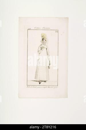 Foto di moda: "Signora parigina in abito percale e con cappello di paglia italiano con piume", sconosciuto, 1816, carta, colorata, incisione su piastra di rame, altezza 21, 8 cm, larghezza 13, 6 cm, dimensioni piastra 15, 2x8, 5 cm, moda, borghesia, Biedermeier, piatti alla moda, copricapo, donna, vestito, abito, la Vienna Collection Foto Stock