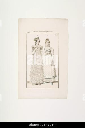 Foto della moda: "Donna viennese in abito négligée, donna parigina in abito percale", sconosciuto, 1816, carta, colorata, incisione su piastra di rame, altezza 22, 2 cm, larghezza 13, 9 cm, dimensioni piastra 8, 8 x 5, 2 cm, moda, borghesia, Biedermeier, piatti alla moda, copricapo, donna, vestito, abito, la Vienna Collection Foto Stock