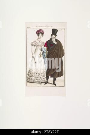 Foto della moda: "Donna francese con turbante in velluto e abito atlas, gentiluomo in camice di velluto e cappello", sconosciuto, 1822, carta, colorata, incisione su piastra di rame, altezza 19, 3 cm, larghezza 10, 8 cm, dimensioni piastra 15, 2 x 10 cm, moda, borghesia, Biedermeier, piatti alla moda, copricapo, dandy, beau, cappotto, Head-Gear: turbante, uomo, la Vienna Collection Foto Stock