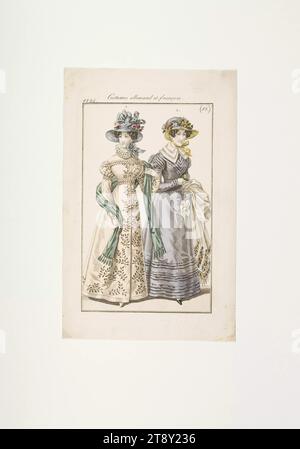 Foto della moda: "Donna viennese con cappello e sciarpa di fiori, donna parigina con mantello in cashmere", sconosciuto, 1824, carta, colorata, incisione su piastra di rame, altezza 21, 3 cm, larghezza 13, 7 cm, dimensioni piastra 16, 5 x 10, 2 cm, moda, borghesia, Biedermeier, piatti alla moda, copricapo, mantello, donna, abbigliamento da collo  abbigliamento, abito, abito, The Vienna Collection Foto Stock