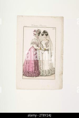 Piatto alla moda: "Sposa parigina con signora in bagno grande", sconosciuto, 1825, carta, colorata, incisione su piastra di rame, altezza 21, 7 cm, larghezza 13, 9 cm, dimensioni piastra 15, 5 x 9, 5 cm, moda, borghesia, Biedermeier, costumi, piatti di moda, capi di abbigliamento, abiti per occasioni ufficiali, abiti per occasioni ufficiali, donna, abito, abito, abito da sposa, la Vienna Collection Foto Stock