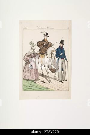 Piatto di moda: 'Donna parigina a cavallo in abito da equitazione, signora in abito moire, gentiluomo con cappello di seta', sconosciuto, 1832, carta, colorata, incisione su piastra di rame, altezza 20, 5 cm, larghezza 13, 6 cm, dimensioni piastra 16 x 12 cm, moda, borghesia, Biedermeier, animali, piatti alla moda, copricapo, dandy, beau, cavallo, cappotto, donna, uomo, vestito, abito, la Vienna Collection Foto Stock