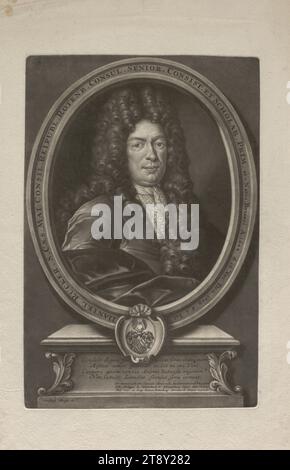 DANIEL RÜCKER. S. CAES. MAGGIO. CONSIL. REIPUBL. ROTENB. CONSOLE. SENIOR. CONSISTERE. ET SCHOLAR. PRIM. ecc.. Natus Brisaci A: 1644. d. 16. Nov. Den. (...)', Johann Christoph Weigel il Vecchio. (1654-1725), mezzotinta artista, Data prima del 1709, carta, mezzotinta, altezza 42,9 cm, larghezza 27,8 cm, dimensioni piastra 31,8 x 21,1 cm, iscrizione "Christoph Weigel SC.", Belle Arti, Barocco, tenuta Constantin von Wurzbach, ritratto, uomo, stemma (come simbolo dello stato, ecc.)., Vienna Collection Foto Stock