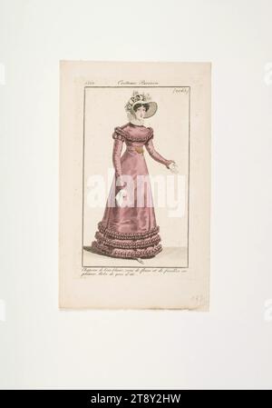 Foto della moda: "Donna francese con cappello di fiori e abito estivo", sconosciuto, 1822, carta, colorata, incisione su piastra di rame, altezza 21, 5 cm, larghezza 13 cm, dimensione piastra 15, 5 x 9 cm, moda, borghesia, Biedermeier, piatti di moda, copricapo, donna, abito, abito, The Vienna Collection Foto Stock