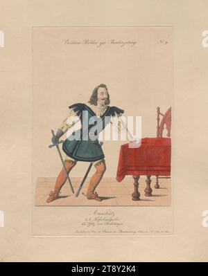 Heinrich Anschütz interpreta Götz von Berlichingen (immagine costume n.. 9 per il giornale di teatro), sconosciuto, 1833, colorato, incisione su lastre di rame, dimensioni foglio 29, 7 x 23, 2 cm, teatro, arti dello spettacolo, belle arti, attore (sul palco), Heinrich Anschütz, The Vienna Collection Foto Stock