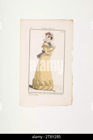 Foto della moda: "Signora parigina con cappello estivo, rucca e cintura", sconosciuto, 1822, carta, colorato, incisione su lastre di rame, altezza 21, 5 cm, larghezza 13, 5 cm, dimensioni piastra 15, 9 x 9 cm, moda, borghesia, Biedermeier, piatti alla moda, copricapo, donna, vestito, abito, la Vienna Collection Foto Stock