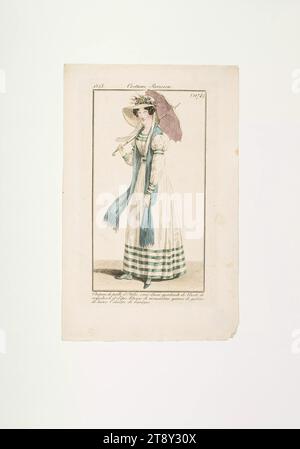 Piatto alla moda: 'Signora parigina con cappello di paglia decorato con fiori, ombrello e abito estivo', sconosciuto, 1823, carta, colorata, incisione su piastra di rame, altezza 21, 6 cm, larghezza 14 cm, dimensione piastra 15, 7 x 8, 8 cm, moda, borghesia, Biedermeier, piatti alla moda, copricapo, donna, copricapo  abbigliamento, abito, abito, la Vienna Collection Foto Stock