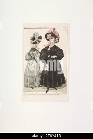 Immagine della moda: Due figure, redingote di velluto, sconosciuto, 1830, carta, colorato, incisione su piastra di rivestimento, altezza 19, 9 cm, larghezza 12 cm, dimensioni piastra 17, 7 x 11, 1 cm, moda, borghesia, Biedermeier, piatti alla moda, copricapo, donna, vestito, abito, la Vienna Collection Foto Stock