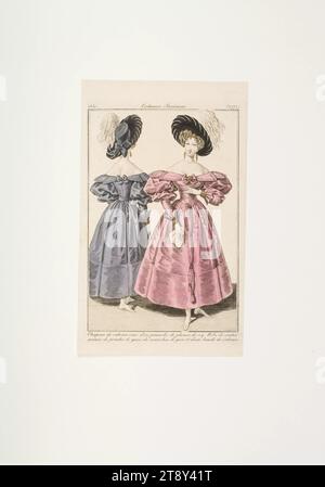 Immagine della moda: Due figure, cappelli di velluto, abiti in raso, sconosciuto, 1830, carta, colorata, incisione su lastre di rame, altezza 19, 9 cm, larghezza 12, 1 cm, dimensioni piastra 18 x 11, 1 cm, moda, borghesia, Biedermeier, piatti di moda, copricapo, donna, abito, abito, la Vienna Collection Foto Stock