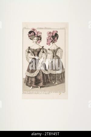 Immagine della moda: Due figure, abiti in velluto, cappelli in velluto, sconosciuto, 1830, carta, colorata, incisione su lastre di rame, altezza 19, 8 cm, larghezza 12 cm, dimensioni piastra 18, 1 x 11, 2 cm, moda, borghesia, Biedermeier, piatti di moda, copricapo, donna, abito, abito, la Vienna Collection Foto Stock