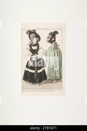 Immagine della moda: Due figure, abito in velluto e abito in velluto, sconosciuto, 1830, carta, colorato, incisione su piastra di rame, altezza 19, 9 cm, larghezza 11, 9 cm, dimensioni piastra 18 x 11, 4 cm, moda, borghesia, Biedermeier, piatti alla moda, copricapo, cappotto, donna, vestito, abito, la Vienna Collection Foto Stock