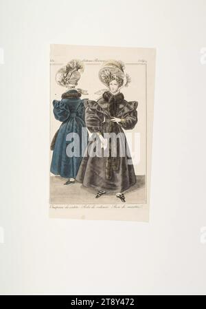 Immagine della moda: Due figure, abiti in velluto con boa di marten, sconosciuto, 1830, carta, colorata, incisione su piastra di rame, altezza 19, 9 cm, larghezza 11, 6 cm, dimensioni piastra 17, 5 x 11, 3 cm, moda, borghesia, Biedermeier, piatti alla moda, copricapo, donna, vestito, abito, la Vienna Collection Foto Stock