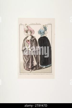 Immagine della moda: Due figure, camici di velluto, sconosciuto, 1830, carta, colorato, incisione su lastre di rame, altezza 19, 9 cm, larghezza 12, 1 cm, dimensioni piastra 18 x 11, 1 cm, moda, borghesia, Biedermeier, piatti alla moda, copricapo, cappotto, donna, abito, abito, la Vienna Collection Foto Stock