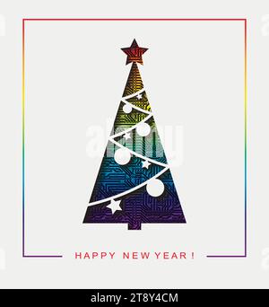 Tessera di benvenuto per l'anno nuovo. Albero di Natale tagliato in carta su uno sfondo a circuito stampato nei colori della bandiera LGBT. Illustrazione Vettoriale