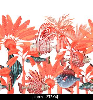 Confine con pesci marini e alberi. Vettore. Illustrazione Vettoriale