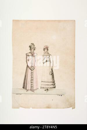 Foto della moda: Due figure, moda femminile, sconosciuto, 1816, carta, colorato, incisione su lastre di rame, altezza 24, 1 cm, larghezza 17, 2 cm, Moda, borghesia, Biedermeier, piatti di moda, copricapo, donna, abito, abito, The Vienna Collection Foto Stock