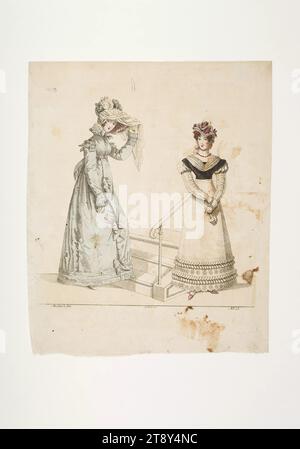 Foto della moda: Due figure, abiti da donna, sconosciuto, 1821, carta, colorato, incisione su lastra di rame, altezza 23 cm, larghezza 18, 9 cm, dimensioni piastra 21 x 17, 5 cm, moda, borghesia, Biedermeier, bacheche, copricapo, donna, vestito, abito, la Vienna Collection Foto Stock