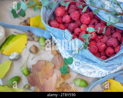 Un ramo con foglie verdi in primo piano e un sacchetto di jeans pieno di lamponi freschi e succosi e uno sfondo autunnale con ghiande verdi e foglie gialle Foto Stock