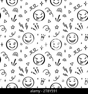 Emoji Doodle senza cuciture. Sfondo emoticon positive di schizzo disegnato a mano. Design dell'espressione emotiva a mano libera Illustrazione Vettoriale