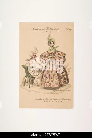 Foto della moda: Due figure, moda femminile, sconosciuto, 1834, carta, colorato, incisione su piastra di rivestimento, dimensioni piastra 21, 9 x 13, 7 cm, moda, borghesia, piatti di moda, copricapo, donna, abito, abito, la Vienna Collection Foto Stock